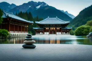 a stack of stones in front of a lake and mountains. AI-Generated photo