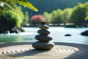 a stack of stones sitting on top of a stone circle. AI-Generated photo