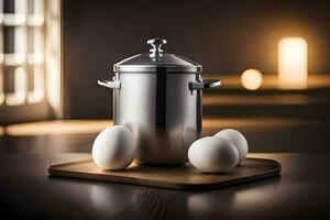 eggs on a wooden tray with a silver pot. AI-Generated photo