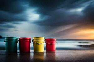 three buckets sit on a wooden table with a stormy sky in the background. AI-Generated photo