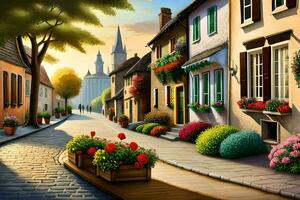 un pintura de un calle con flores y casas generado por ai foto