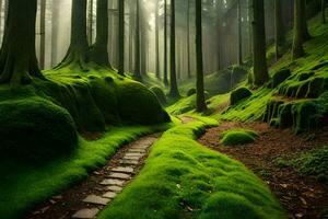 a path through a forest with mossy trees. AI-Generated photo