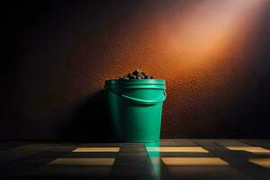 a green bucket sitting on a checkered floor. AI-Generated photo