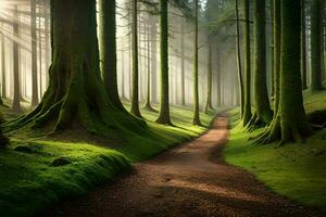 un camino mediante un bosque con arboles y césped. generado por ai foto