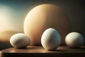 four eggs are sitting on a table. AI-Generated photo