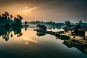 un lago con casas y un amanecer. generado por ai foto