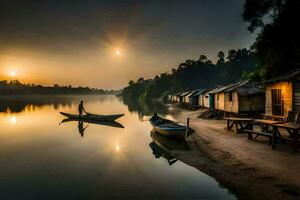 a man is standing on the shore of a river with a boat. AI-Generated photo