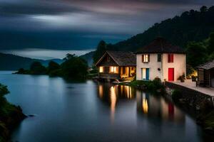 un casa se sienta en el borde de un lago a noche. generado por ai foto