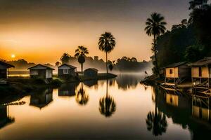 un río con casas y palma arboles a puesta de sol. generado por ai foto