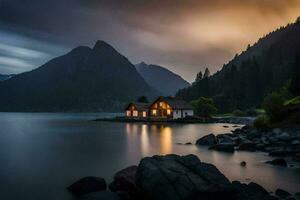 a small house sits on the shore of a lake at night. AI-Generated photo