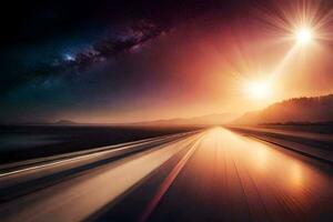 a road with a bright light shining in the sky. AI-Generated photo