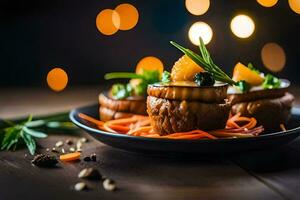 un plato de comida con zanahorias y carne. generado por ai foto