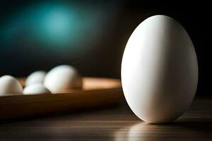 an egg is sitting on a wooden tray. AI-Generated photo