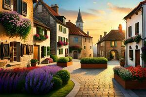 a street with flowers and buildings at sunset. AI-Generated photo