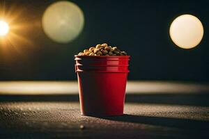 a red cup filled with popcorn on a table. AI-Generated photo