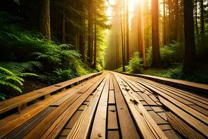 a wooden walkway in the forest with sun shining through. AI-Generated photo
