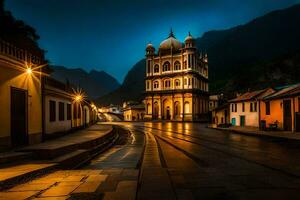 un Iglesia en el montañas a noche. generado por ai foto