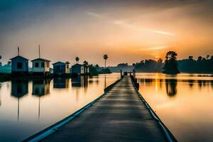 a long pier with houses on it at sunset. AI-Generated photo