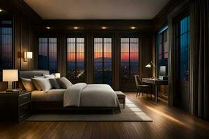 a bedroom with a view of the city at night. AI-Generated photo