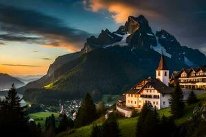 the sun sets over the mountains in the swiss alps. AI-Generated photo