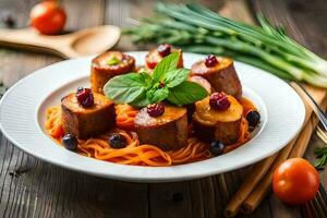 a plate of spaghetti with meatballs and vegetables. AI-Generated photo