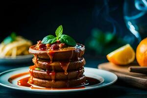 a stack of pancakes with sauce and orange slices. AI-Generated photo