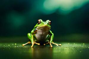 a frog is sitting on the ground with a green background. AI-Generated photo
