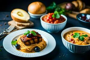 a table with pasta, meat and vegetables. AI-Generated photo