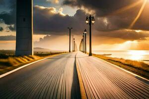 un largo la carretera con un puesta de sol en el antecedentes. generado por ai foto