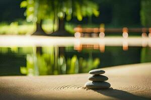 a stack of stones sitting on the sand near a lake. AI-Generated photo