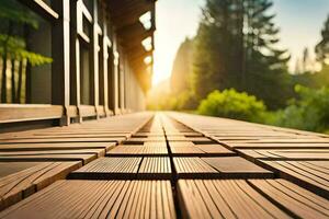 a wooden walkway with a view of the sun. AI-Generated photo