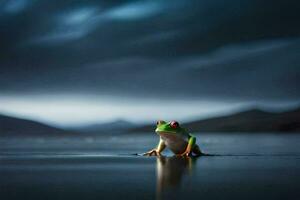 a frog sitting on the water in front of a dark sky. AI-Generated photo