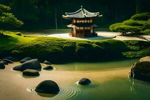 a pagoda sits in the middle of a pond surrounded by rocks. AI-Generated photo