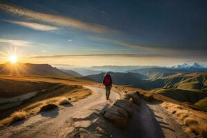 un hombre caminando en un camino en el montañas. generado por ai foto