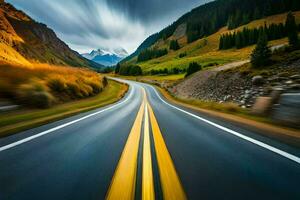 un largo exposición fotografía de un la carretera en el montañas. generado por ai foto