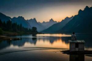 un hombre se sienta en un barco en frente de un montaña lago. generado por ai foto