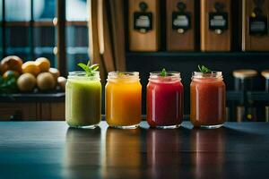 five different types of juices are lined up on a table. AI-Generated photo