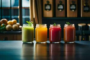 five different types of juices are lined up on a table. AI-Generated photo