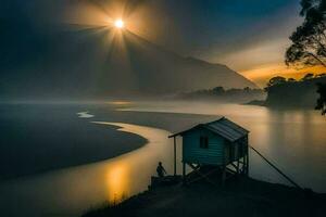 the sun rises over a lake and a hut. AI-Generated photo