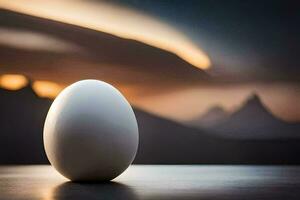 an egg sitting on a table with a mountain in the background. AI-Generated photo