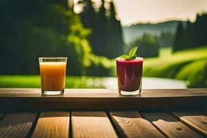 dos lentes de jugo en un de madera mesa. generado por ai foto