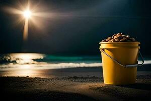 a bucket of nuts on the beach at night. AI-Generated photo