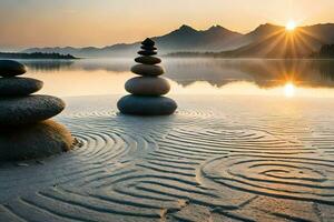 the sun rises over a lake with stones stacked on the shore. AI-Generated photo