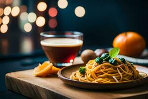 spaghetti with orange and orange juice on a wooden plate. AI-Generated photo