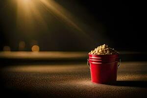 a bucket of popcorn on a table in front of a bright light. AI-Generated photo