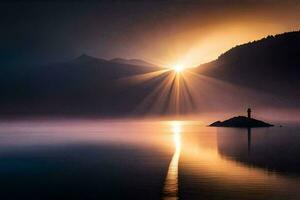 un faro en el niebla en un lago. generado por ai foto