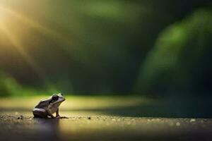 a frog sitting on the ground in front of the sun. AI-Generated photo