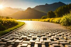 a road with cobblestones in the sun. AI-Generated photo