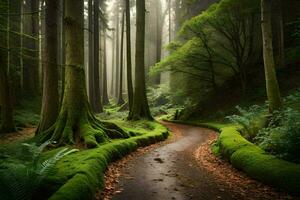 un camino mediante un bosque con cubierto de musgo arboles generado por ai foto