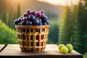 uvas en un cesta en un mesa. generado por ai foto